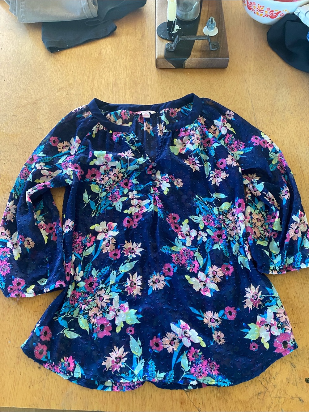 Candie's Navy Floral Top with Pink and Teal Accents